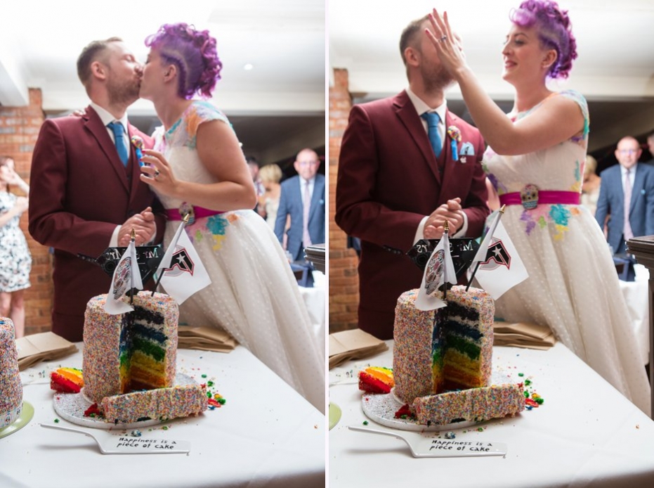 alternative bedford barns wedding purple haired bride coloured wedding cake